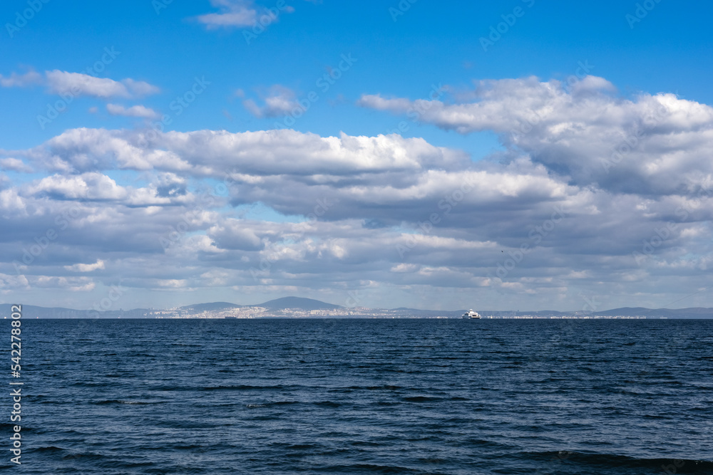 Neutral sea landscape with cumulus clouds in the sky.