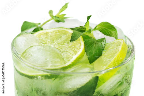 Close-up of fresh fruit juice isolated on white background