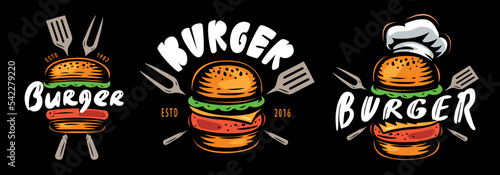 Burger logo. Fast Food emblem. Set of badges, symbols, design elements for restaurant or diner menu. Vector illustration