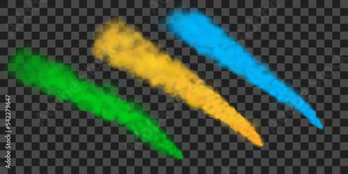 Traces of blue, yellow and green smoke from an airplane, rocket or spacecraft launch. Realistic 3d vector illustration isolated on transparent background.