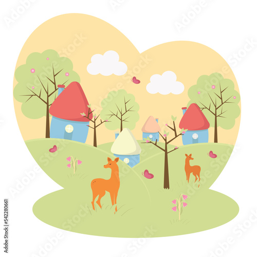 Spring rural landscape with a farm, roe deer on meadows, fields. Rural community. Sunny day, blue sky, hills. Vector village countryside scene. Vector illustration in flat style.