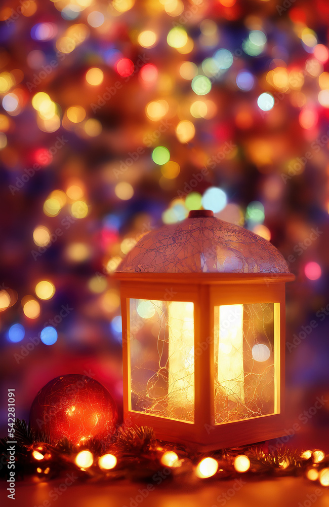 AI Image - Stylized/Fantasy Christmas Lantern on a table with Christmas decorations on the background AI Image - Stylized/Fantasy Christmas Lantern on a table with Christmas decorations on the background