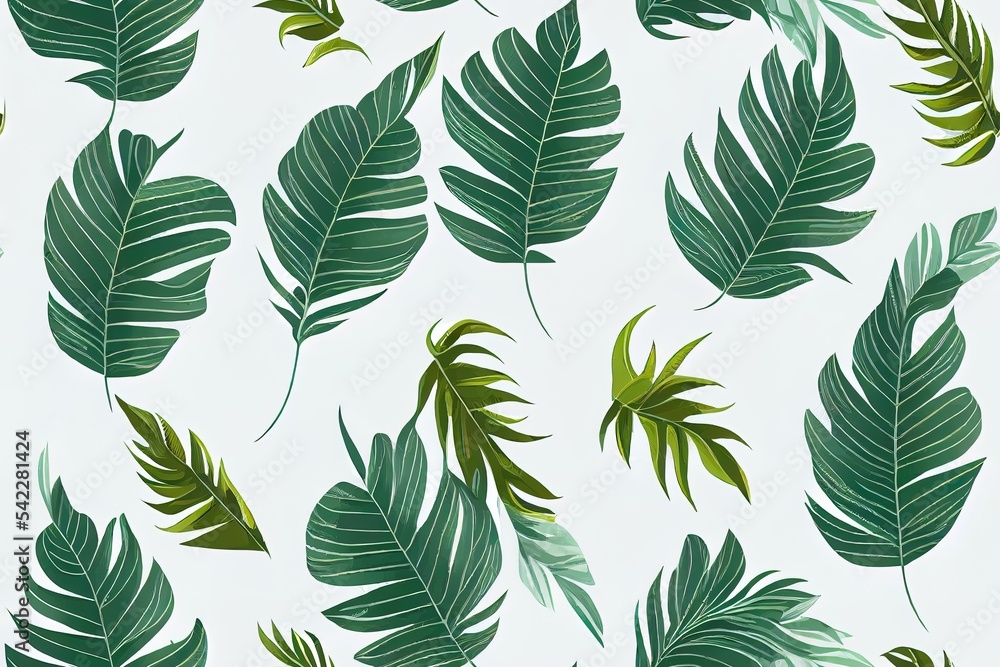 A contemporary collage with tropical leaves, simple shapes. Seamless pattern set. Modern exotic design for paper, cover, fabric, wallpaper, interior. 2d illustrated graphics.