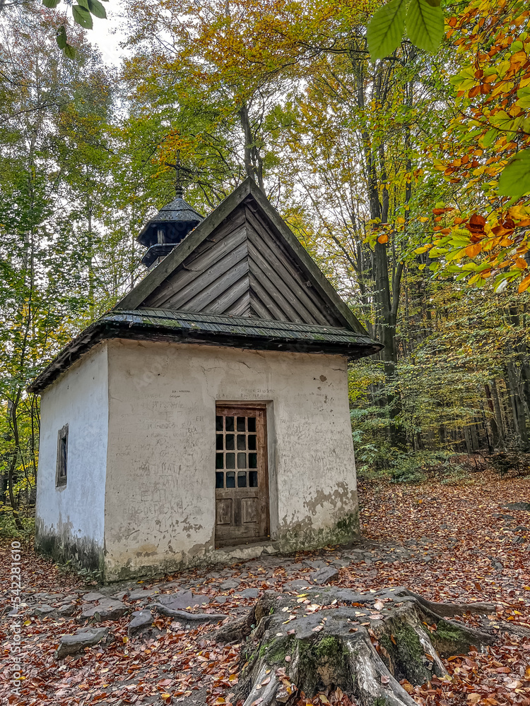 Swieta Katarzyna, Poland - October 16, 2022: An old chapel on the edge of a fir forest in the village of Swieta Katarzyna (St. Catherine) where Stefan Żeromski, a famous Polish writer, prayed.