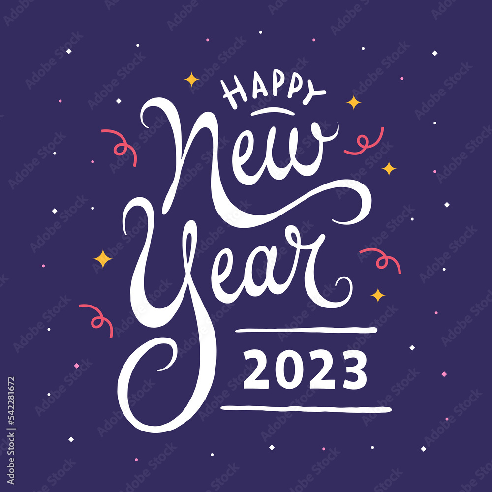 Happy new year 2023 lettering background with confetti decorations