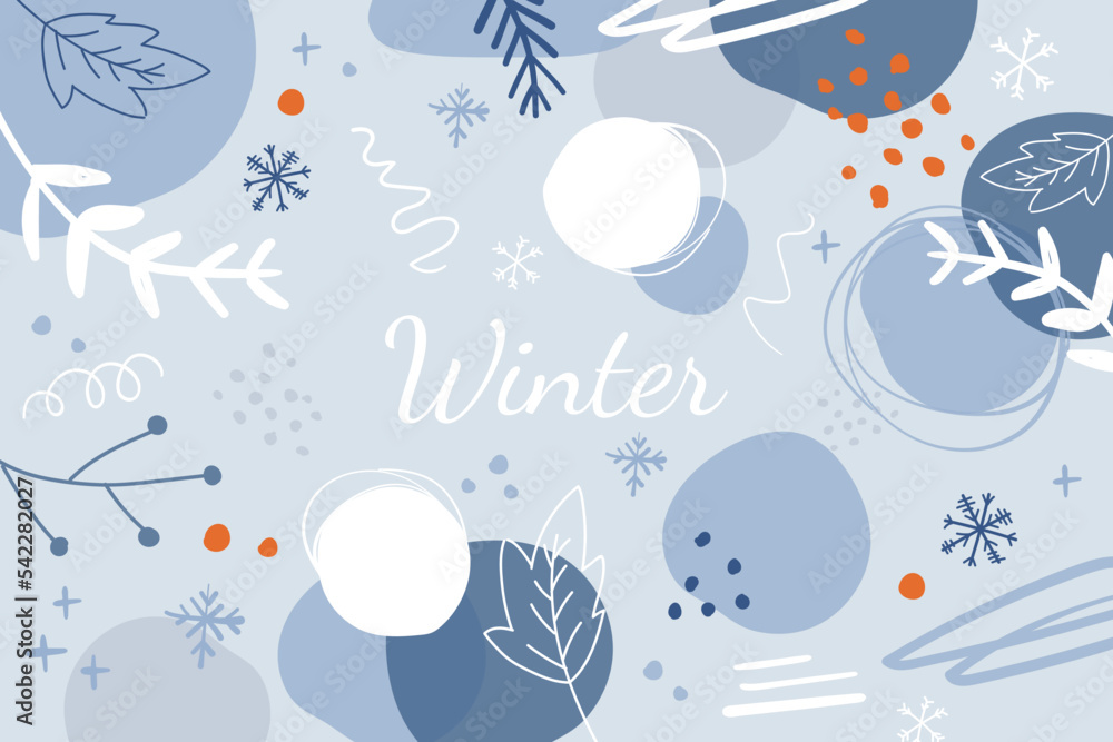 Trendy winter background with leaves, snowflakes, geometric shapes, textures, strokes, abstract and floral decor elements. Vector illustration in doodle style. Modern design. Modern background.