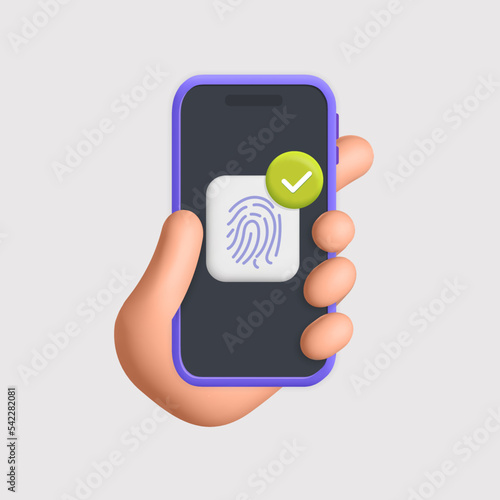 3d vector hand holds Smartphone with security unlocked via fingerprint on screen device done notification design