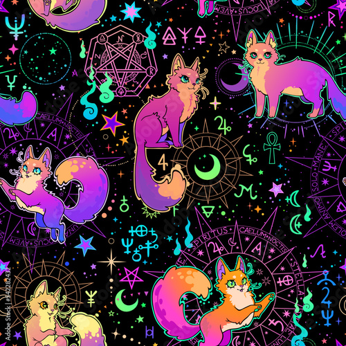 Seamless vector illustration of cute cartoon cats and magic symbols