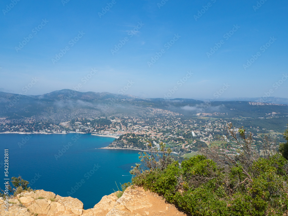 Calanques, France - May 18th 2022: View from Cap Canaille towards the beautiful village of Cassis.