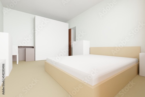 Schematic sketch of a small apartment in the form of blocks, 3d sketch of the arrangement of furniture in the bedroom, space design, 3d rendering