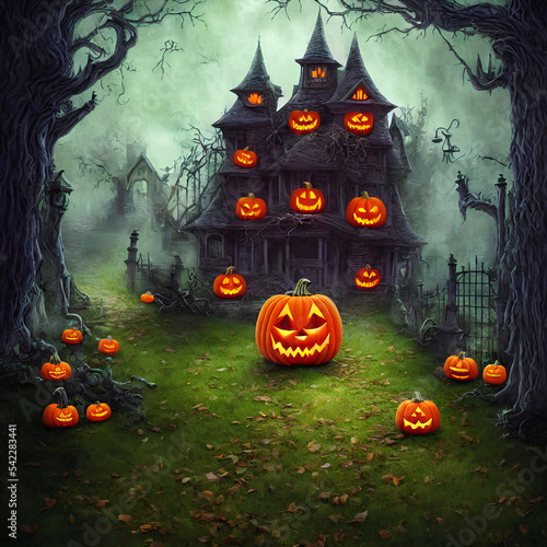 Wallpaper Mural An Illustration of an old haunted house and a pumpkin jack-o'-lantern in front of it surrounded many by trees in a dark forest Torontodigital.ca