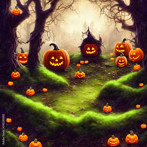 Wallpaper Mural An Illustration of an old haunted house and a pumpkin jack-o'-lantern in front of it surrounded many by trees in a dark forest Torontodigital.ca