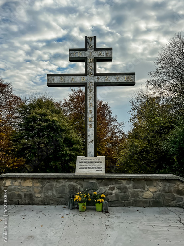 Swiety Krzyz, Poland, October 16, 2022: The Plague Cross in memory of the 2019 world pandemic Covid erected in the Holy Cross Sanctuary in Poland photo