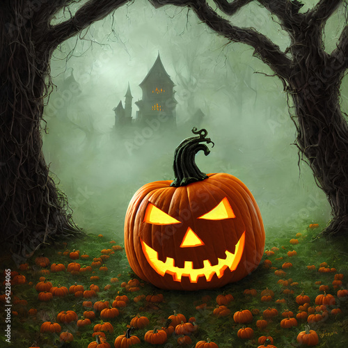 Wallpaper Mural An Illustration of an old haunted house and a pumpkin jack-o'-lantern in front of it surrounded many by trees in a dark forest Torontodigital.ca