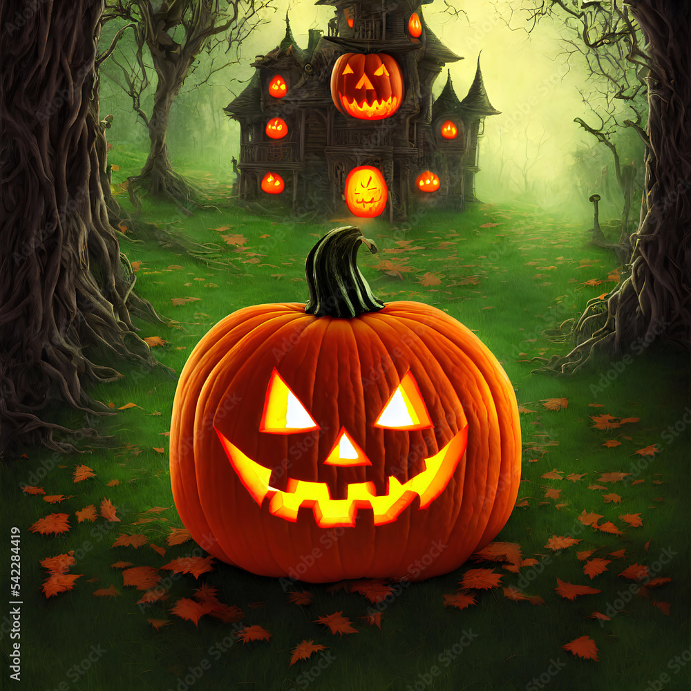 custom made wallpaper toronto digitalAn Illustration of an old haunted house and a pumpkin jack-o'-lantern in front of it surrounded many by trees in a dark forest