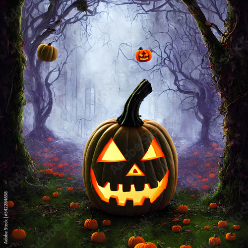 Wallpaper Mural An Illustration of a pumpkin jack-o'-lantern in a dark forest Torontodigital.ca