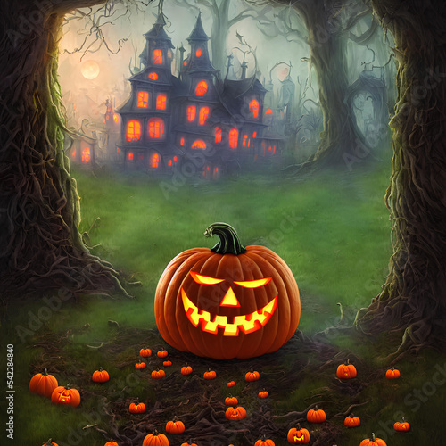 Wallpaper Mural An Illustration of an old haunted house and a pumpkin jack-o'-lantern in front of it surrounded many by trees in a dark forest Torontodigital.ca
