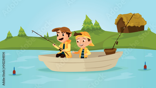 Son and father activity. Leisure time activity with parent. Fishing illustration vector.