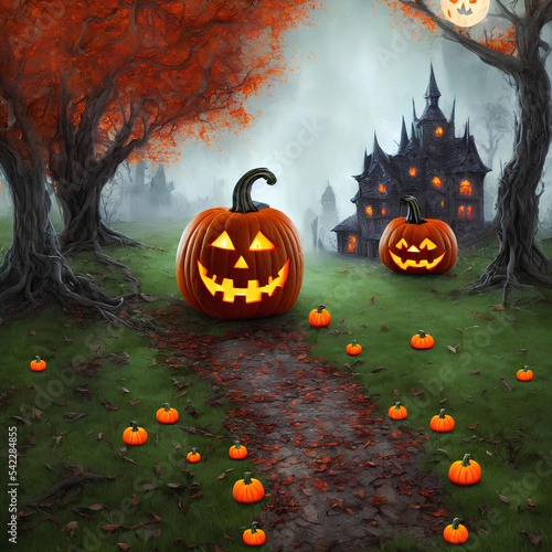 Wallpaper Mural An Illustration of an old haunted house and a pumpkin jack-o'-lantern in front of it surrounded many by trees in a dark forest Torontodigital.ca