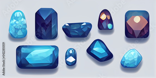 Blue gems, jewel crystal stones in round, geometric and diamond shape.