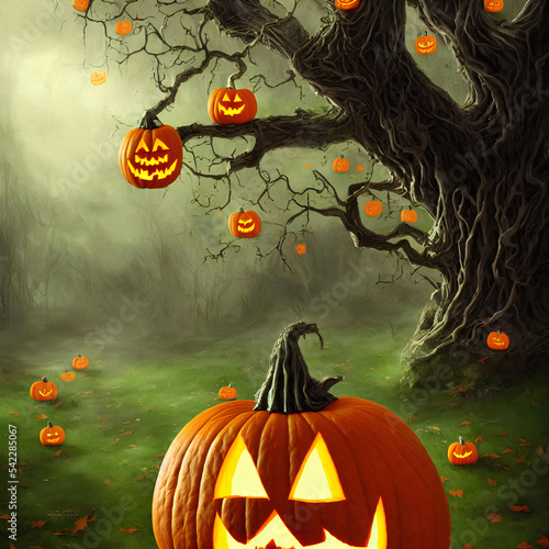 Wallpaper Mural An Illustration of a pumpkin jack-o'-lantern in a dark forest Torontodigital.ca