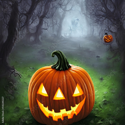 Wallpaper Mural An Illustration of a pumpkin jack-o'-lantern in a dark forest Torontodigital.ca