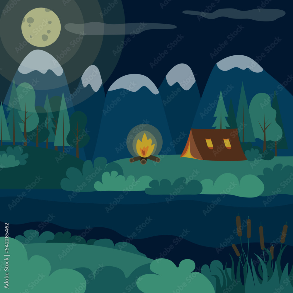 Camping concept art. Tent, night landscape, campfire, mountains, moon, lake, forest. Rest at nature. Vector flat illustration. Drawing for design, print, posters, banners, postcards, advertising.