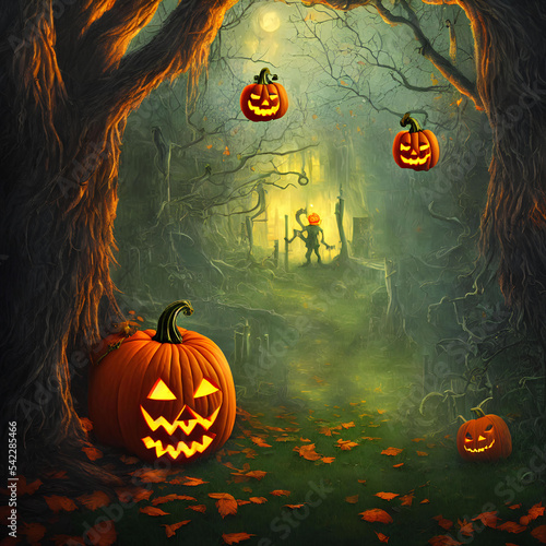 Wallpaper Mural An Illustration of a pumpkin jack-o'-lantern in a dark forest Torontodigital.ca