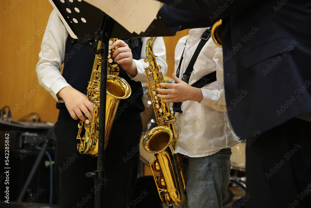 Obraz premium Musicians young students playing the saxophone stand in front of the notes in class in a school classroom with a teacher