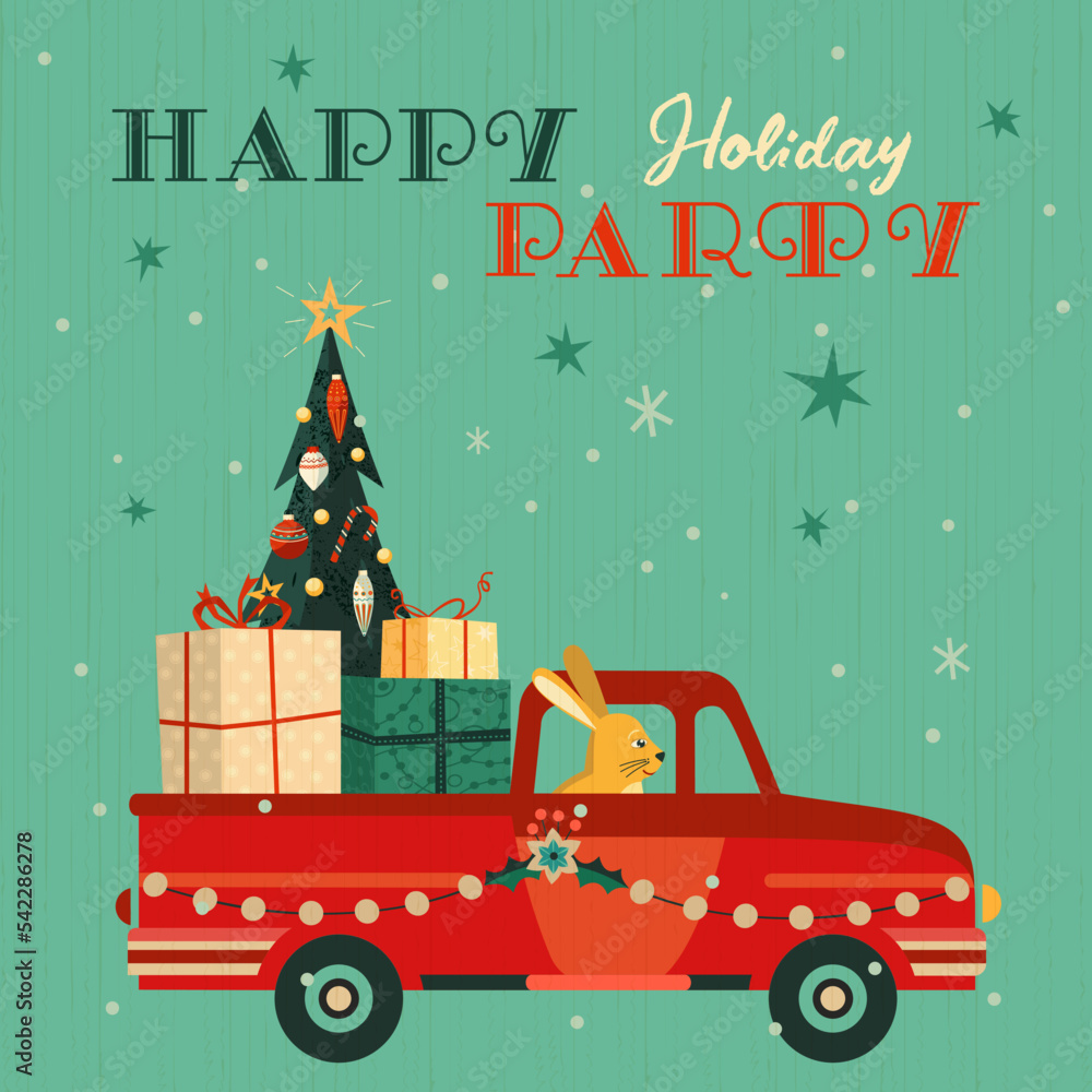 Fancy Holiday party celebration vector poster. Funny rabbit bunny transport gifts, Christmas tree cartoon design element. New Year hare driving red car illustration. Festive event template background