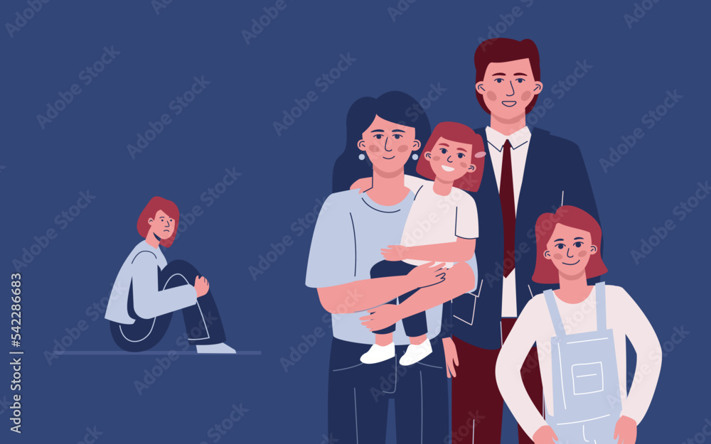 A happy family and an abandoned ignored teenage child, a symbol of a scapegoat. A separated child from an old marriage and a new mother's family.