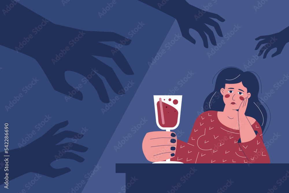 Depressed frustrated drunk woman with a glass of wine. The hands reaching out to her from the darkness are symbols of trauma, addiction, psychological disorder. Depressed frustrated drunk woman with a glass of wine. The hands reaching out to her from the darkness are symbols of trauma, addiction, psychological disorder.