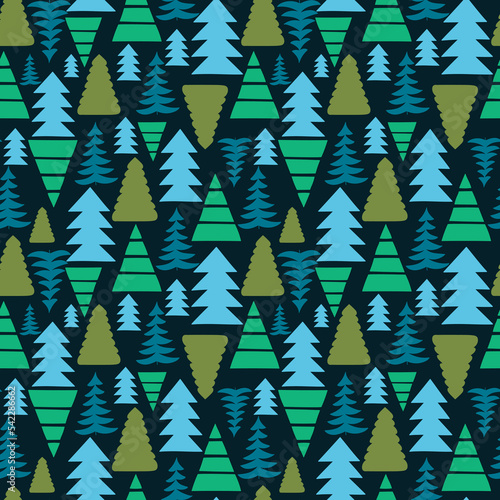 Hand drawn Christmas tree seamless pattern. Bright blue and green colours.