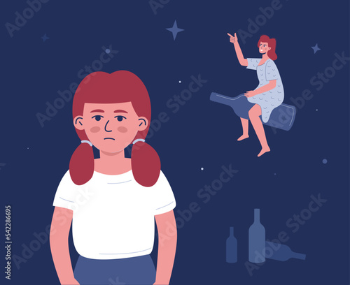 Sad daughter and alcoholic mother in delirium. The metaphor of abandonment of children in dysfunctional families, the trauma of abuse.