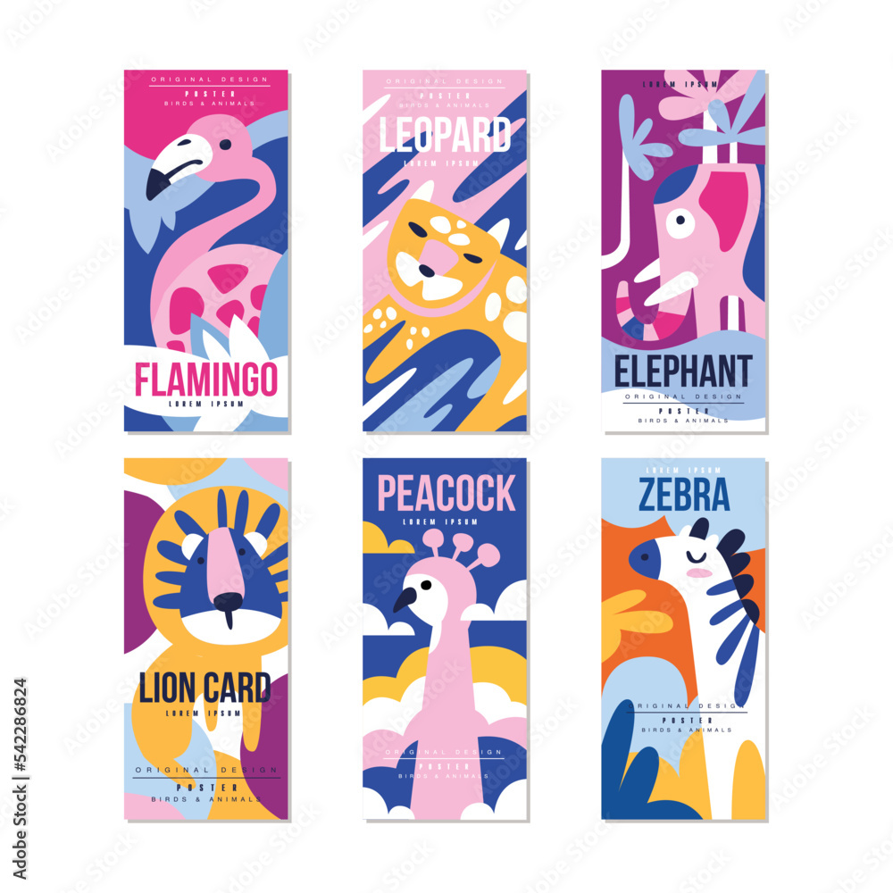 Fototapeta premium Birds and Animal Poster and Cards with Lion, Peacock, Zebra, Elephant, Leopard and Flamingo Vector Set