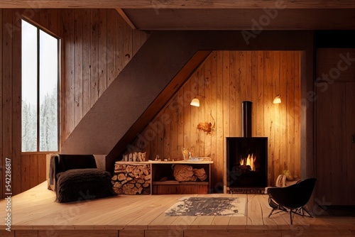Murais de parede rustic wooden mountain cabin interior