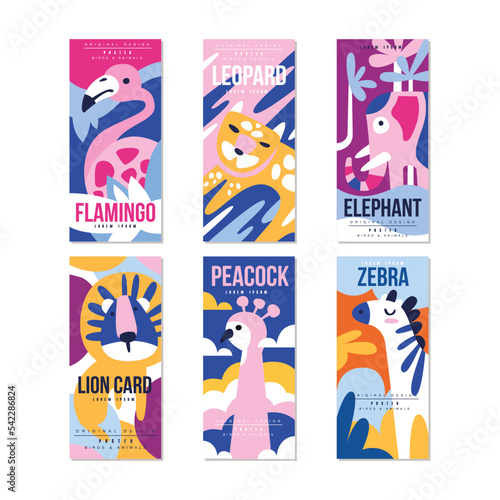 Birds and Animal Poster and Cards with Lion  Peacock  Zebra  Elephant  Leopard and Flamingo Vector Set