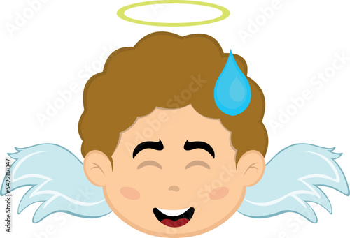 Vector illustration of the face of a cartoon angel boy with a shameful expression and a drop of sweat on his head
