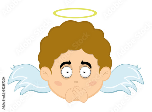 Vector illustration of a child angel cartoon covering his mouth with his hands