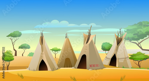 Indians wigwam hut made of felt and skins. Small village among sands. North American tribal dwelling. Traditional home of nomadic peoples. Vector.