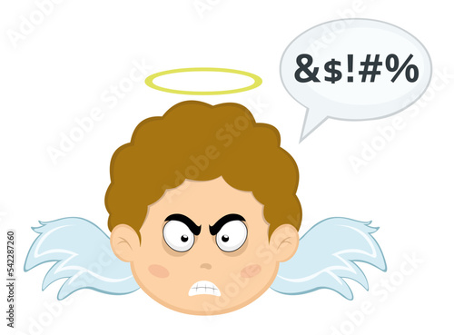 Vector illustration of the face of a cartoon angel boy with an angry expression and a speech bubble with an insult text