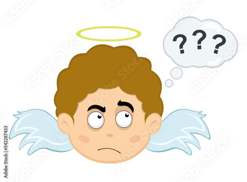vector illustration of the face of a child angel cartoon with a thinking or doubtful expression, with a cloud thought with question marks