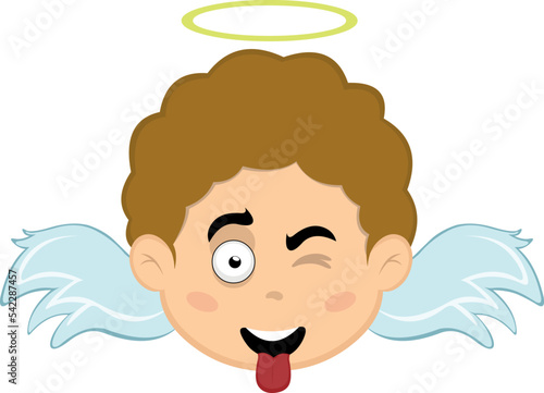 Vector illustration of the face of a cartoon angel boy with a happy expression, winking and with his tongue out