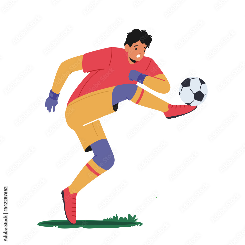 Goalkeeper Kicking Ball Defend Gates in Soccer Tournament. Goalie Male Character Wear Football Team Uniform in Motion