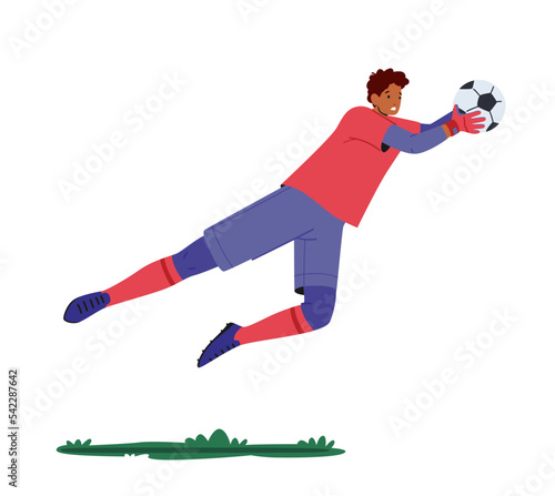 Goalkeeper Jump and Catch Ball in Air. Goalie Defend Gates in Soccer Tournament. Athlete Player Male Character in Motion