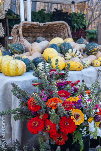 Colorful zinnias and a variety of squash for sale at an outdoor farmer's market. 