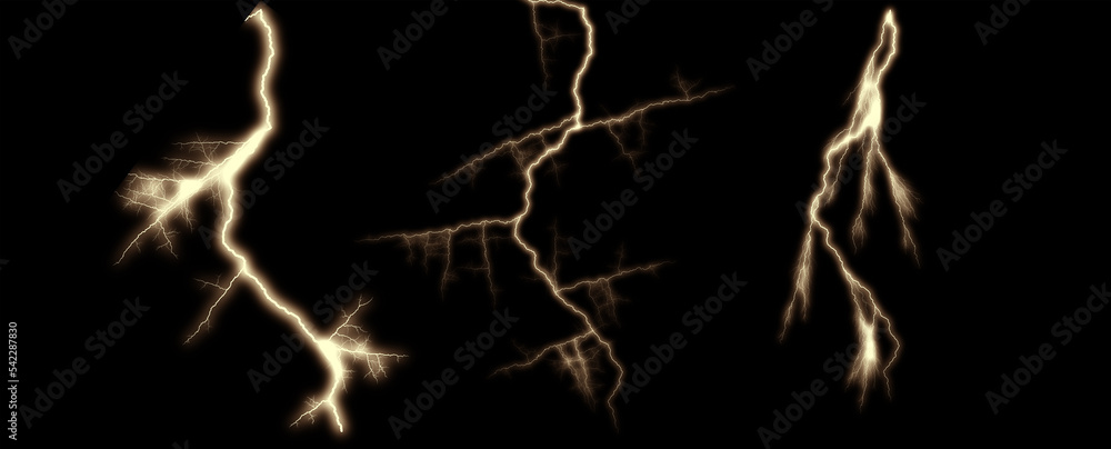 3d illustration, lightning, storm, thunder set