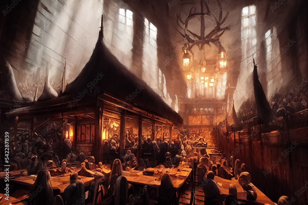 The hall of god Odin in Asgard where Viking heroes are feasting