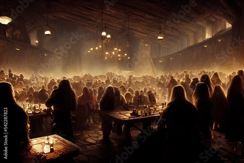 Fototapeta Silhouettes of vikings inside the halls of Odin in Valhalla