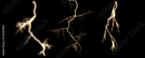 3d illustration, lightning, storm, thunder set